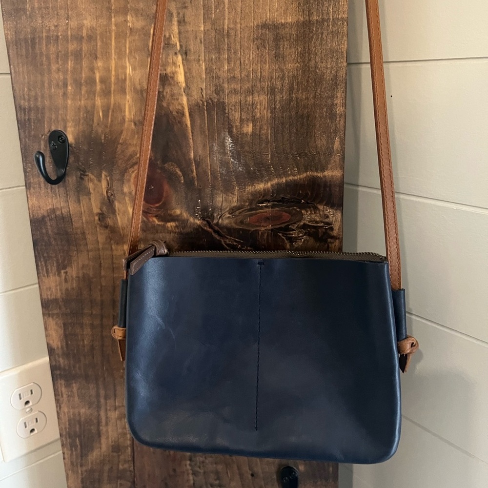 Classic Navy Leather Crossbody Bag with Tan Strap